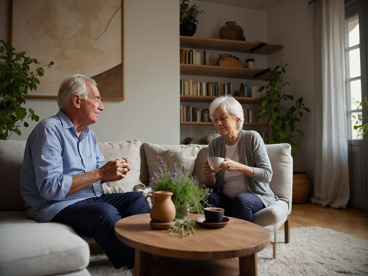 Ein älteres Paar sitzt auf einem bequemen Sofa in einem hellen Raum. Der Mann mit grauen Haaren trägt ein blaues Hemd und schaut lächelnd zur Frau, die eine Tasse in der Hand hält und freundlich wirkt. Die Frau hat ebenfalls graue Haare, trägt einen grauen Cardigan und sitzt entspannt. Auf dem Tisch zwischen ihnen steht ein kleiner Topf mit Kräutern und eine Tasse Kaffee. Im Hintergrund sind Bücherregale und Pflanzen sichtbar, die eine ruhige und einladende Atmosphäre schaffen.