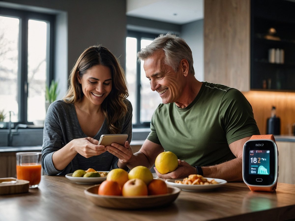 Ein lächelndes Paar sitzt an einem Holztisch in einer modernen Küche und genießt ein gesundes Frühstück mit frischen Früchten und einem Glas Saft. Die Frau hält ein Smartphone in der Hand und schaut darauf, während der Mann eine Zitrone in seiner Hand hält und ebenfalls lächelt. Neben dem Mann steht ein Smartwatch, die relevante Gesundheitsdaten wie Herzfrequenz anzeigt. Die Umgebung ist hell und einladend mit großen Fenstern, die den Raum erleuchten. Dieses Bild vermittelt das Thema Gesundheitsmanagement durch moderne Gadgets im Alltag.