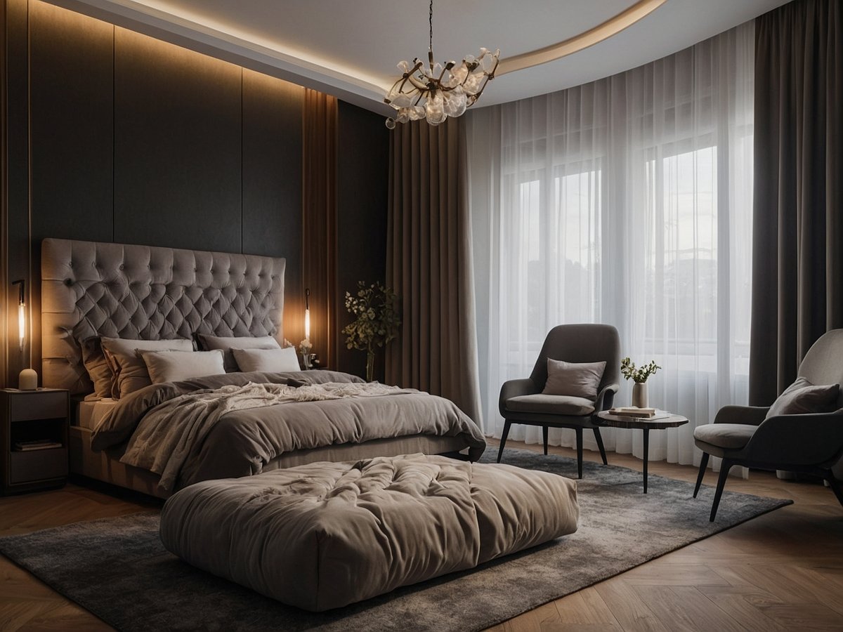 Ein elegantes Schlafzimmer mit einem gepolsterten Kopfteil in Wechseltönen und einer gemütlichen Bettdecke. Der Raum ist in sanften Farben gehalten und bietet eine entspannende Atmosphäre. Auf einem flauschigen Teppich liegt eine zusätzliche Matratze. Zwei stilvolle Sessel und ein kleiner Tisch laden zum Verweilen ein. Große Fenster lassen natürliches Licht herein und sind mit hellen Vorhängen versehen, die gleichzeitig Privatsphäre bieten. Die neutrale Farbpalette und die indirekte Beleuchtung schaffen eine ruhige Umgebung, die zur Entspannung und zum erholsamen Schlaf beiträgt.