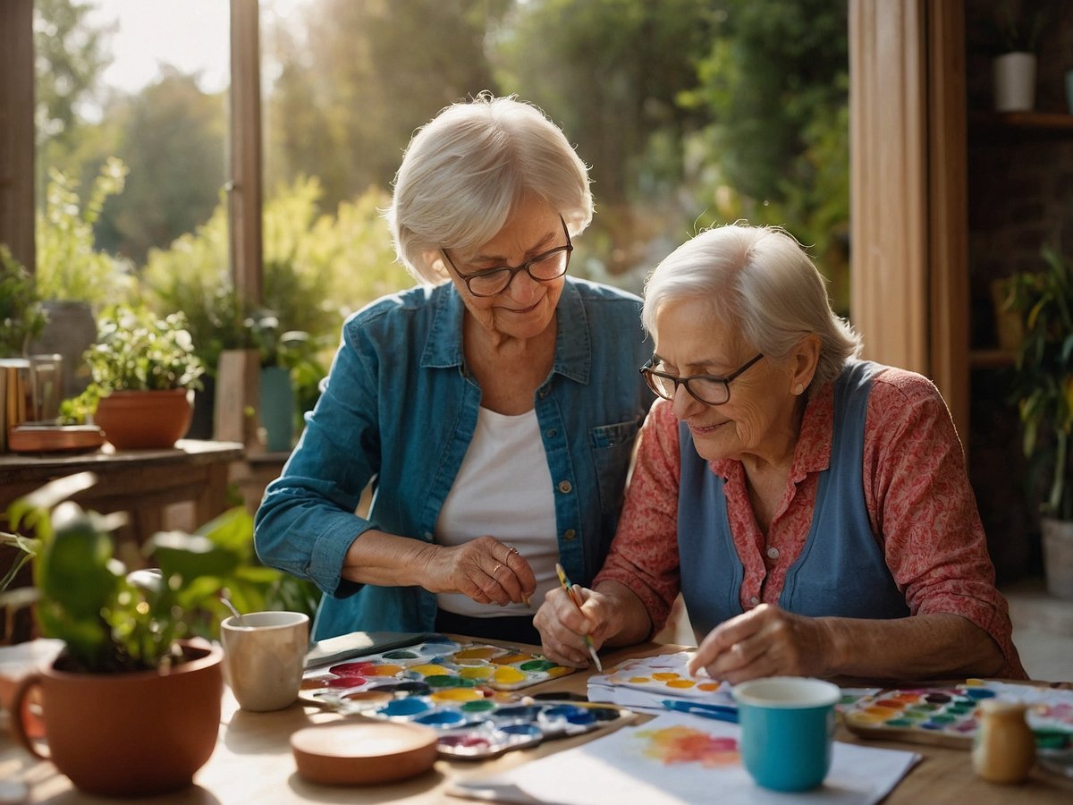 Zwei ältere Frauen sitzen an einem Tisch und malen mit Aquarellfarben. Eine Frau mit Brille hält einen Pinsel und zeigt auf das Bild der anderen Frau, die sich konzentriert mit ihrer Malerei beschäftigt. Der Tisch ist mit einer Palette voller Farben sowie einigen Blättern und einer Tasse gefüllt. Im Hintergrund sind Pflanzen und das natürliche Licht eines Fensters zu sehen, was eine freundliche und entspannte Atmosphäre schafft.