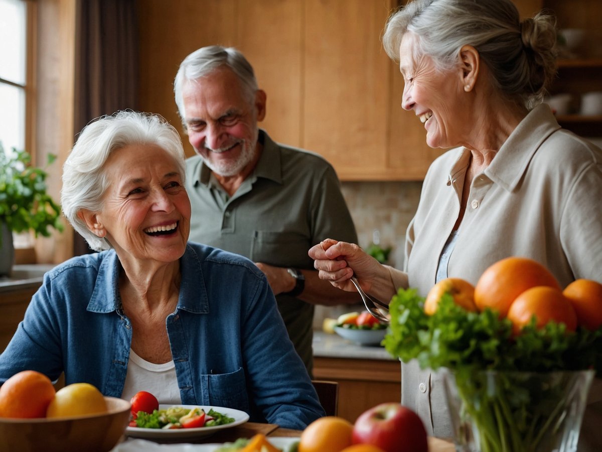 Auf dem Bild sind drei ältere Menschen in einer warmen und einladenden Küchenumgebung zu sehen. Eine Frau mit grauen Haaren lächelt und ist an einem Tisch mit frischen Lebensmitteln und einer bunten Salatschüssel platziert. Ein Mann im Hintergrund mit grauen Haaren und Bart schaut lächelnd auf die Frau. Eine weitere Frau, ebenfalls mit grauen Haaren, steht am Tisch und hält einen Löffel, während sie mit der Frau spricht. Auf dem Tisch sind frisches Gemüse und Obst sichtbar, was die Bedeutung einer ausgewogenen Ernährung im Alter unterstreicht.