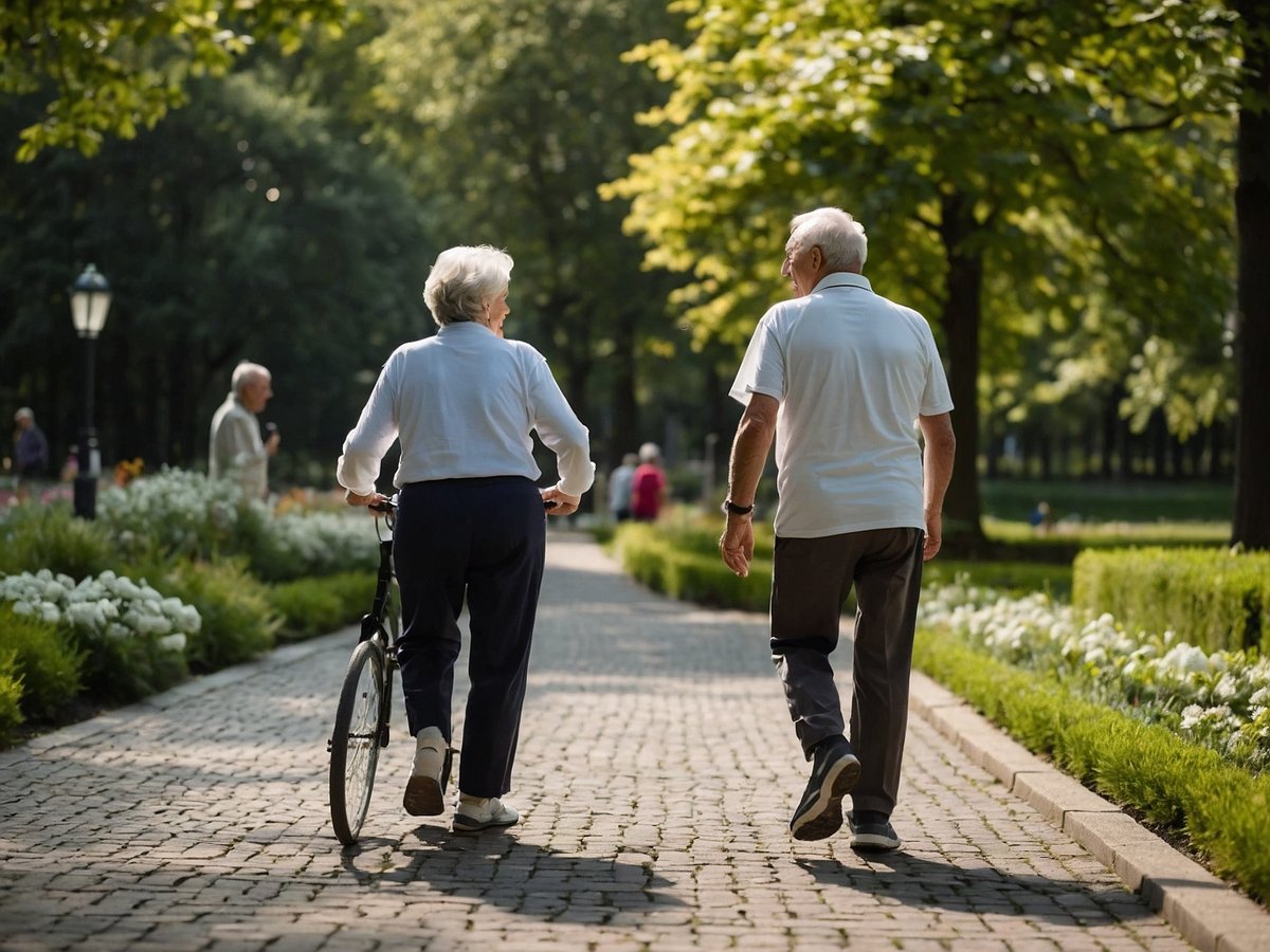 Ein älteres Paar spaziert entspannt in einem schönen Park. Die Frau fährt mit einem Fahrrad während der Mann neben ihr läuft. Die Umgebung ist von üppigem Grün und blühenden Blumen umgeben. Es ist ein sonniger Tag und die Atmosphäre strahlt Lebensfreude und Aktivität aus. Im Hintergrund sind weitere Menschen zu sehen, die ebenfalls die Natur genießen. Der Weg ist gepflastert und von Bäumen gesäumt, die Schatten spenden und eine einladende Stimmung schaffen.