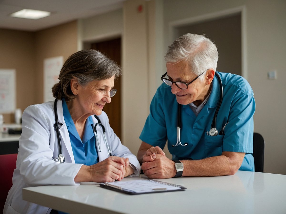 Zwei ältere Personen sitzen an einem Tisch in einem hellen Raum. Eine Frau in einem weißen Arztmantel mit Stethoskop um den Hals lächelt und schaut auf einen Ordner, den sie mit einem älteren Mann bespricht. Der Mann trägt ein blaues medizinisches Outfit und hat ebenfalls ein Stethoskop um den Hals. Beide scheinen freundlich und konzentriert zu sein, während sie gemeinsam Informationen durchsehen. Im Hintergrund sind unscharfe medizinische Dokumente und ein Tisch mit Utensilien zu sehen.