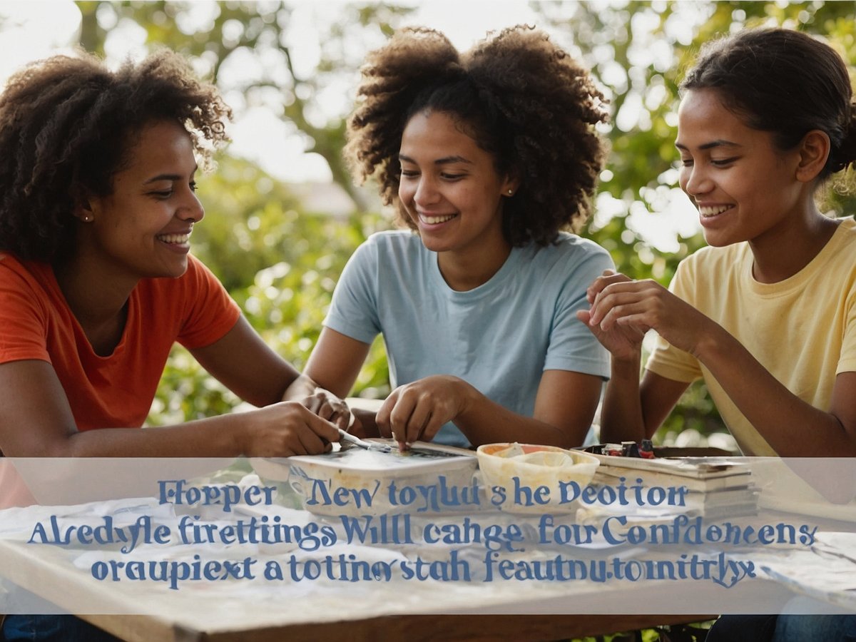 Drei junge Frauen sitzen an einem Tisch im Freien und arbeiten gemeinsam an einem kreativen Projekt. Sie lächeln und scheinen in ein fröhliches Gespräch vertieft zu sein. Auf dem Tisch liegen Bastelmaterialien und Snacks, während die Umgebung mit grünem Laub geschmückt ist. Die Aktivität vermittelt ein Gefühl von Gemeinschaft und Freude, was zur mentalen Gesundheit im Alter beiträgt.
