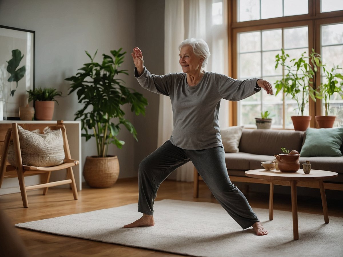 Eine ältere Frau steht in einem Wohnraum und übt eine Balanceübung auf einem Teppich. Sie trägt bequeme Kleidung und hat beide Arme in einer dynamischen Pose ausgestreckt. Der Raum ist hell und freundlich, mit großen Fenstern, durch die Tageslicht strömt. Rund um sie sind Pflanzen und Möbel platziert, die eine entspannte Atmosphäre schaffen. Die Übung fördert die Sturzprävention und trägt zum Erhalt der Knochengesundheit bei.