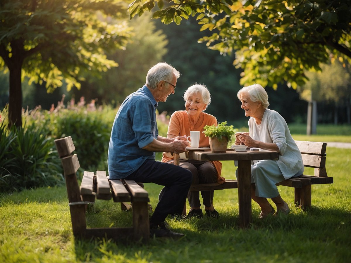 Auf dem Bild sind drei ältere Menschen zu sehen, die an einem Holztisch im Freien sitzen und sich angeregt unterhalten. Sie genießen die Sonne und die Natur, während sie Tassen Kaffee oder Tee in der Hand halten. Eine der Frauen lächelt fröhlich, während eine andere, neben dem Mann sitzend, ebenfalls lächelt. Auf dem Tisch steht ein kleiner Topf mit grünen Pflanzen. Um sie herum sind im Hintergrund Bäume und Blumen zu erkennen, was eine freundliche und einladende Atmosphäre schafft. Diese Darstellung fördert die Bedeutung von sozialen Kontakten und der Freude an gemeinsamen Aktivitäten für das Wohlbefinden im Alter.