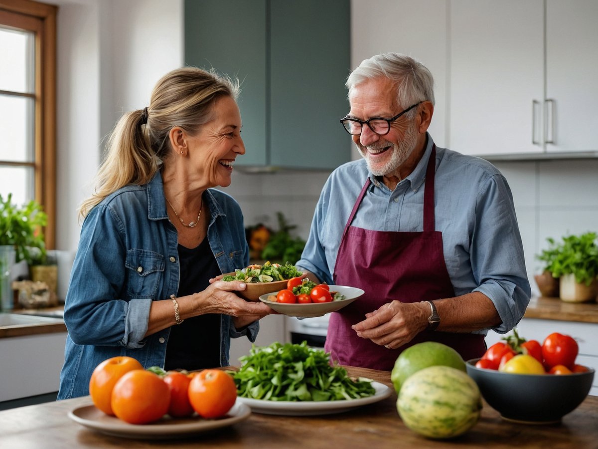 Zwei Personen in einer modernen Küche lachen und genießen einen Moment des gemeinsamen Kochens. Eine Frau mit langen blonden Haaren in einem Jeanshemd hält einen Teller mit einer bunten Salatportion und frischen Tomaten. Ein älterer Mann mit grauem Haar und einer Brille trägt eine Schürze und hat ebenfalls einen Teller mit Essen in der Hand. Auf dem Tisch liegen verschiedene frische Früchte und Gemüse, darunter Orangen, grüne Blätter und andere Zutaten, die die Bedeutung einer pflanzenbasierten Ernährung unterstreichen. Der Raum ist hell und freundlich, umgeben von verschiedenen Pflanzen, was eine angenehme Atmosphäre schafft.