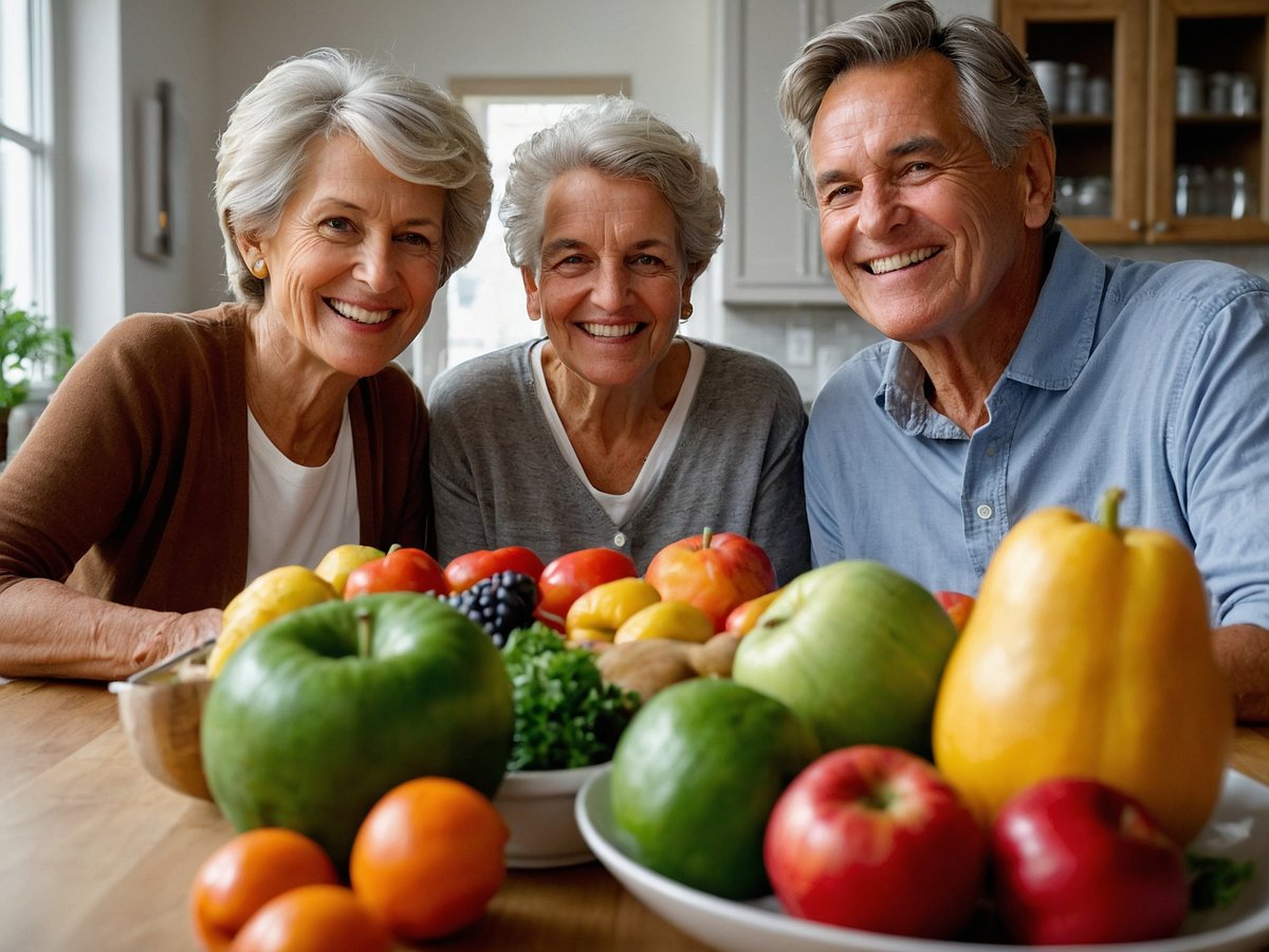 Auf dem Bild lächeln drei Senioren freundlich in die Kamera während sie an einem Tisch sitzen der mit frischen Lebensmitteln gedeckt ist. Vor ihnen befinden sich verschiedene bunte Früchte darunter Äpfel Birnen und Trauben sowie grünes Gemüse. Die Senioren strahlen Zufriedenheit aus und zeigen damit die Freude an einer gesunden Ernährung.