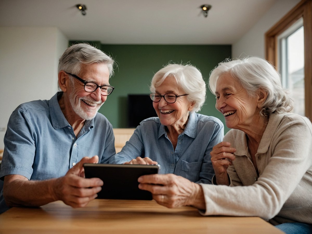 Drei Senioren sitzen zusammen an einem Tisch und schauen begeistert auf ein Tablet. Sie lächeln und lachen, während sie einen gemeinsamen Moment genießen. Die Atmosphäre ist warm und einladend, mit einem modernen Raum im Hintergrund, der in neutralen Farben gehalten ist. Die Senioren scheinen sich über etwas zu amüsieren, das sie auf dem Bildschirm sehen. Dies fördert soziale Kontakte und den Austausch durch Technik.