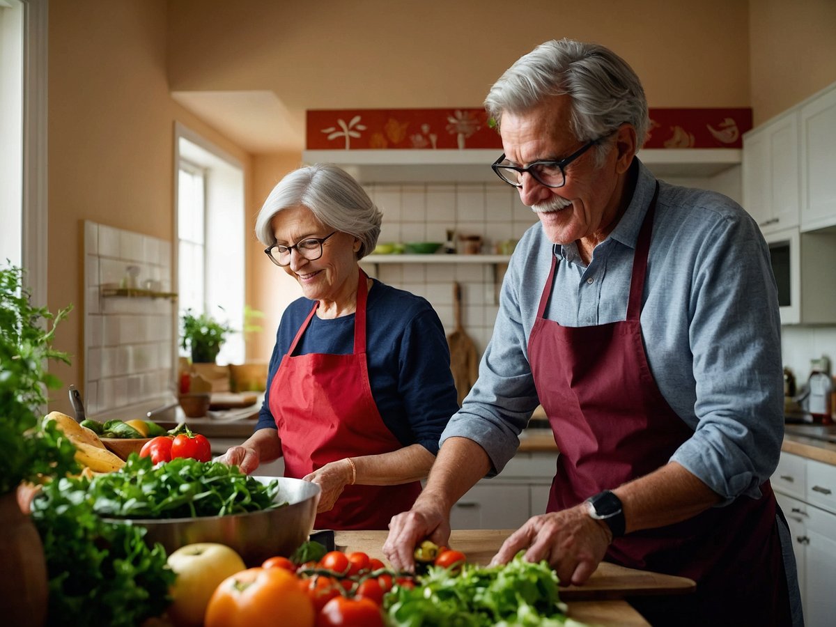 Auf dem Bild sind zwei ältere Personen zu sehen, die in einer gemütlichen Küche mit hellen Wänden und Fenstern arbeiten. Beide tragen rote Schürzen und lächeln. Die Frau hat graue Haare und eine Brille, während der Mann ebenfalls graue Haare hat und konzentriert Gemüse schneidet. Vor ihnen liegt eine große Schüssel mit frischem Blattgemüse und verschiedenen Gemüsearten wie Tomaten und Gurken. In der Umgebung sind einige weitere Obst- und Gemüsesorten sichtbar. Lebensmittel, die sie meiden sollten, sind verarbeiteten Zucker, gesättigte Fette und stark gesalzene Snacks.