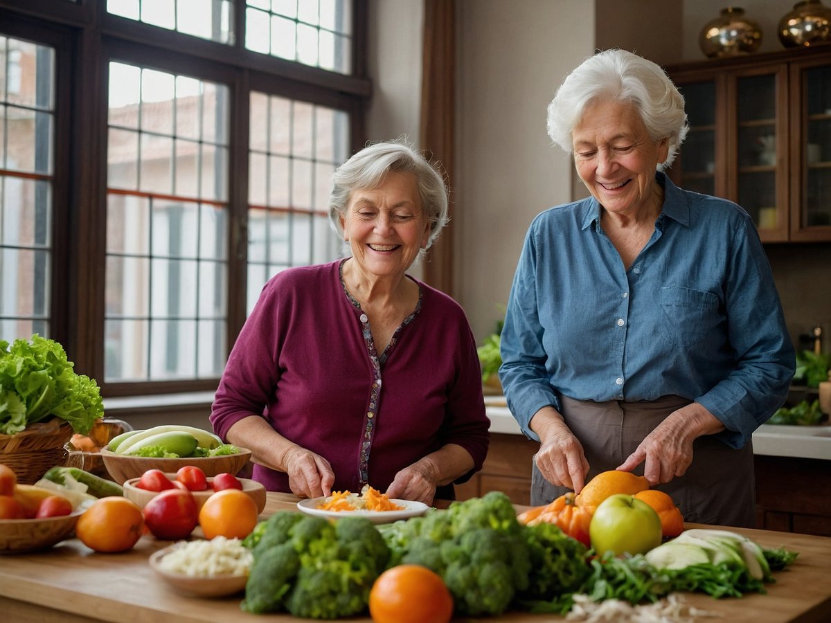 Zwei ältere Frauen stehen in einer modernen Küche und bereiten frisches Obst und Gemüse vor. Die Frauen lächeln und wirken entspannt, während sie an einem großen Holztisch arbeiten. Vor ihnen liegen verschiedene gesunde Lebensmittel wie Brokkoli, Karotten, Äpfel und Orangen. Die Küche ist hell und freundlich, mit großen Fenstern, die Tageslicht hereinlassen. Diese Szene symbolisiert, dass es nie zu spät für Veränderungen in der Ernährung und im Lebensstil ist.