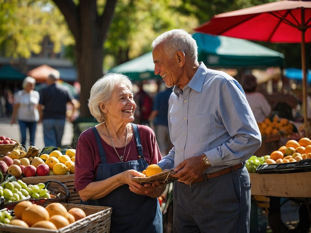 Auf dem Bild stehen sich zwei ältere Personen in einem Markt gegenüber und lächeln sich freundlich an. Der Mann hält eine Orange in seinen Händen und scheint gerade mit der Frau zu sprechen, die eine Schürze trägt. Im Hintergrund sind verschiedene Stände mit Obst und Gemüse zu sehen, sowie weitere Marktbesucher. Der sonnige Tag und die lebendige Atmosphäre vermitteln ein Gefühl von Gemeinschaft und Lebensfreude. Solche sozialen Interaktionen und der Konsum von frischen, gesunden Lebensmitteln können positive Umwelteinflüsse auf die Lebenserwartung im Alter haben.