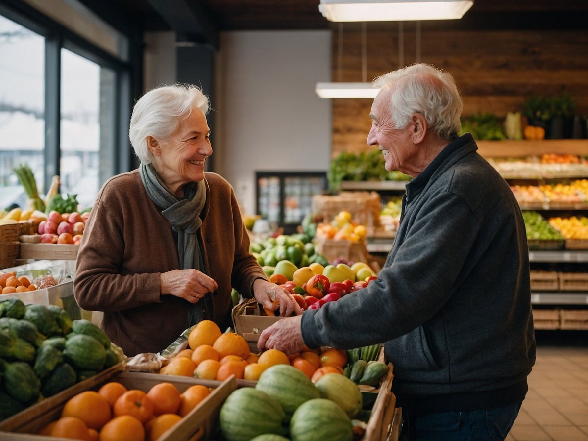 Ein älteres Paar steht in einem gut sortierten Markt und lächelt sich an. Vor ihnen liegen verschiedene Obst- und Gemüsesorten in Holzkisten. Die bunten Früchtchen wie Äpfel, Orangen und grüne Paprika sind frisch und einladend. Die Atmosphäre wirkt freundlich und lebendig, während das Licht durch die großen Fenster strömt und die frischen Produkte beleuchtet. Das Bild vermittelt ein Gefühl von Gemeinschaft und gesunder Ernährung.