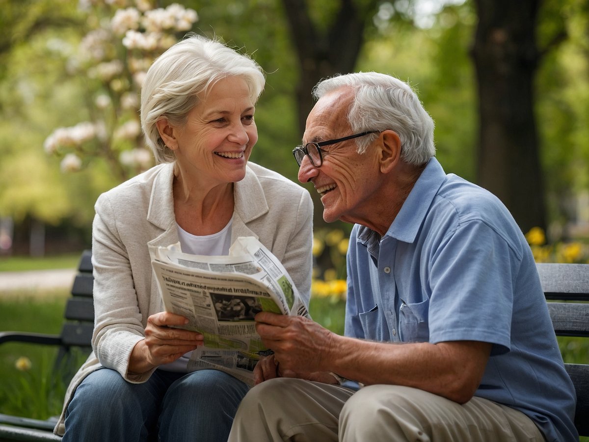 Auf dem Bild sind ein älterer Mann und eine ältere Frau zu sehen, die auf einer Parkbank sitzen und sich anlächeln. Die Frau hält eine Zeitung in der Hand, während der Mann sie anblickt und lächelt. Im Hintergrund sind grüne Bäume und gelbe Blumen sichtbar, was eine freundliche und einladende Atmosphäre schafft. Beide Personen wirken glücklich und entspannt in ihrer Umgebung.