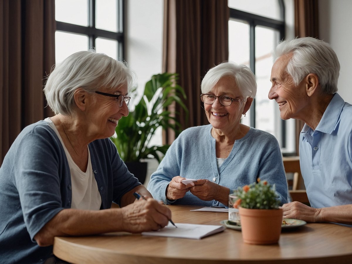 Die Szene zeigt drei Senioren, die an einem Tisch in einem hellen Raum miteinander interagieren. Zwei Frauen und ein Mann sind in lässiger, heller Kleidung gekleidet und lachen gemeinsam. Eine der Frauen schreibt etwas auf ein Blatt Papier, während die andere eine kleine Karte oder ein Foto in der Hand hält. Der Mann schaut freundlich zu den beiden Frauen. Im Vordergrund befindet sich ein kleiner Tisch mit einer Topfpflanze und einem Teller. Im Hintergrund sind große Fenster und eine grüne Pflanze sichtbar. Die gemütliche Atmosphäre vermittelt ein Gefühl von Gemeinschaft und Freude, was wichtig für die soziale Interaktion und das Wohlbefinden älterer Menschen ist.
