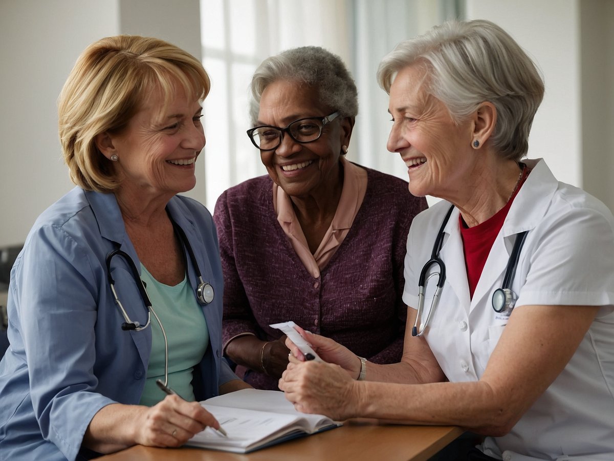Zwei Ärztinnen und eine Seniorin sitzen an einem Tisch und lächeln freundlich. Die Ärztin links trägt eine blaue Jacke und hat einen Stethoskop um den Hals, während sie auf ein Notizbuch schaut. Die Seniorin in der Mitte, die einen lila Pullover trägt, blickt mit Freude in die Runde. Die andere Ärztin rechts trägt eine weiße Jacke ebenfalls mit Stethoskop und lacht. Die Atmosphäre wirkt warm und positiv, was auf eine freundliche Beratung oder ein Gespräch über Früherkennungsuntersuchungen hindeutet. Im Hintergrund sind große Fenster zu sehen, die viel Licht hereinlassen.