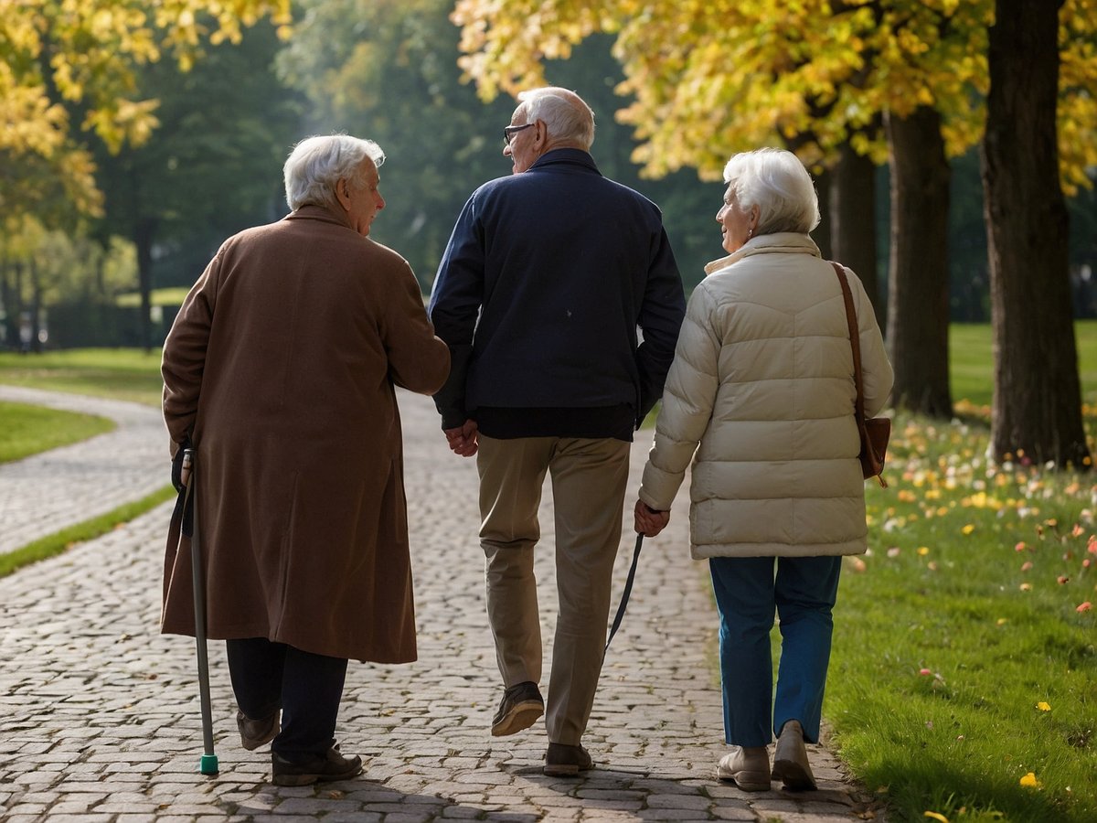 Drei Senioren spazieren gemeinsam auf einem gepflasterten Weg in einem Park. Die Sonne scheint und die Bäume im Hintergrund zeigen bunte Herbstblätter. Der Mann in der Mitte hält die Hand einer Frau und wird von einer weiteren Frau begleitet, die einen Gehstock benutzt. Alle Senioren tragen warme Kleidung und wirken entspannt und erfreut an der frischen Luft. Krebsfrüherkennung ist ein entscheidender Schritt für die Gesundheit im Alter.