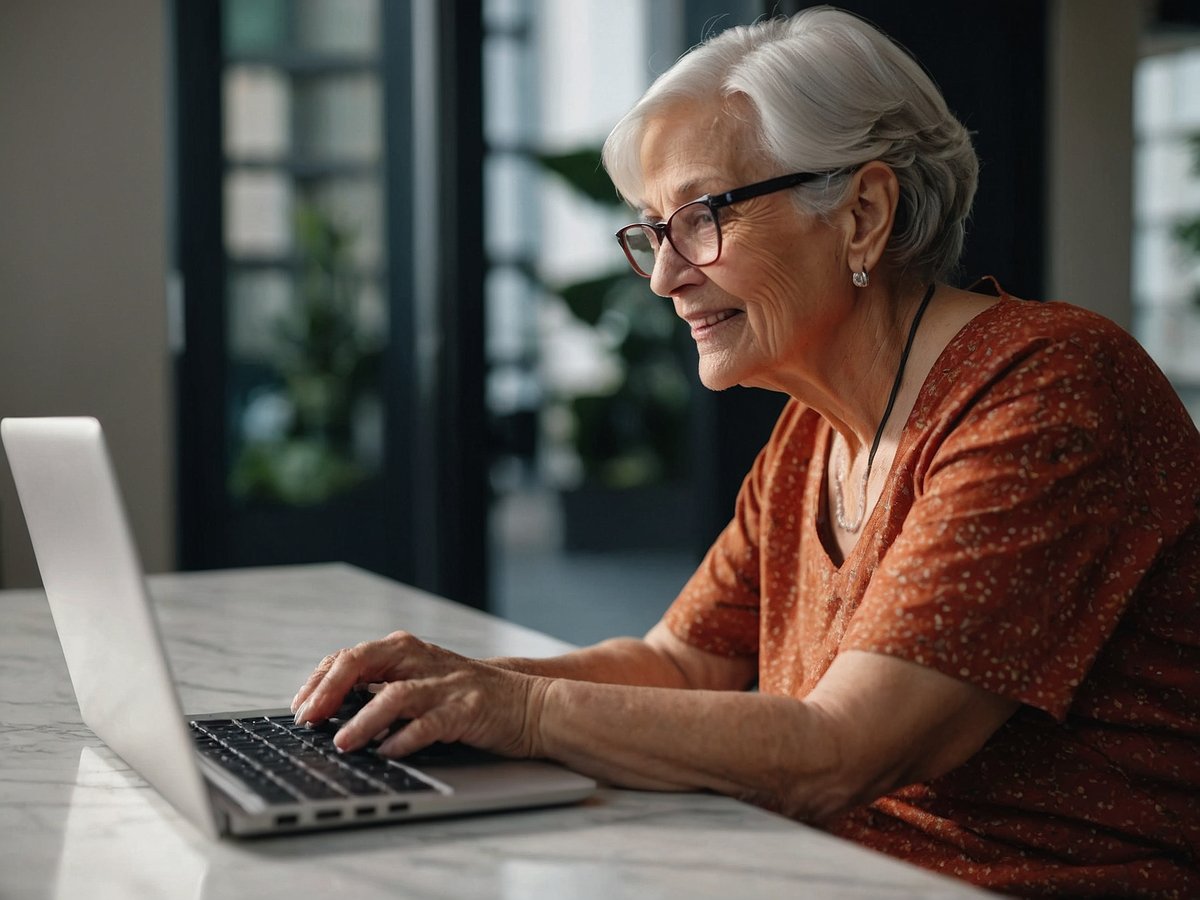 Eine ältere Frau mit kurzen grauen Haaren sitzt an einem Tisch und arbeitet an einem Laptop. Sie trägt eine orangefarbene Bluse mit einem dezenten Muster und eine Brille. Ihr Gesichtsausdruck ist freundlich und konzentriert, während sie auf die Tastatur blickt. Im Hintergrund sind verschwommene Pflanzen und große Fenster zu sehen, die einen modernen Raum mit viel Licht darstellen.