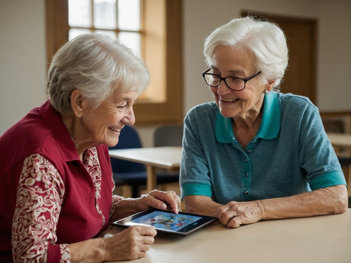 Zwei ältere Frauen sitzen an einem Tisch und schauen gemeinsam auf ein Tablet. Beide Frauen lächeln fröhlich und scheinen Spaß an dem zu haben, was sie auf dem Bildschirm sehen. Die Frau links trägt ein rot gemustertes Oberteil, während die Frau rechts ein hellblaues Poloshirt trägt. Die Umgebung ist hell und freundlich, mit Holzdetails und großen Fenstern, die natürliches Licht hereinlassen. Das Bild vermittelt eine Atmosphäre von Gemeinschaft und Freude beim gemeinsamen Entdecken der digitalen Welt. Ideal zur Vorstellung der Vorteile von Technik im Alltag älterer Menschen.