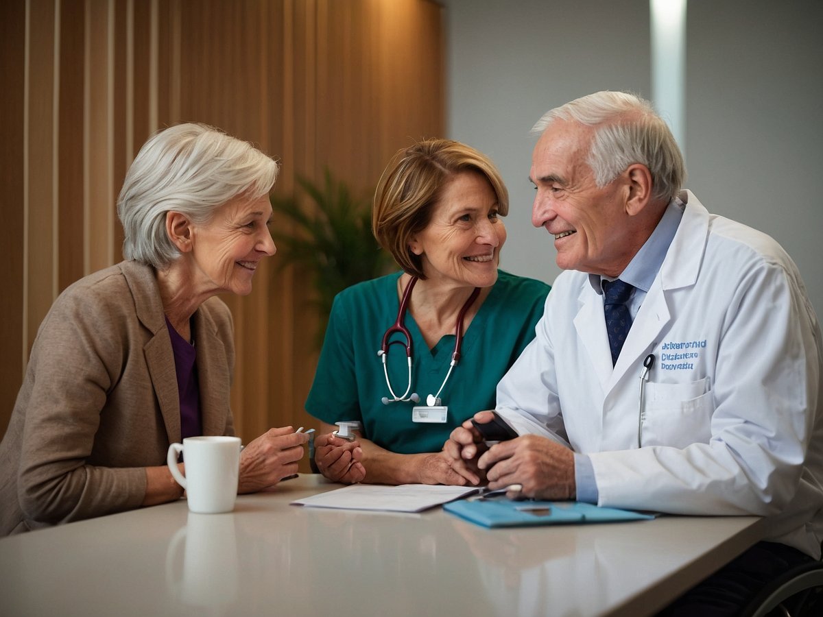 Auf dem Bild sind drei Personen zu sehen, die an einem Tisch sitzen und miteinander sprechen. Zwei ältere Frauen lachen und haben einen freundlichen Ausdruck im Gesicht. Eine der Frauen trägt einen Blazer und die andere ein Oberteil in lila. Die dritte Person ist ein älterer Mann in einem weißen Arztkittel mit einem Hemd und einer Krawatte. Er hat einen Stethoskop um den Hals und lächelt. Auf dem Tisch steht eine Tasse und einige Dokumente liegen dort. Der Hintergrund zeigt eine modern gestaltete Umgebung mit Holzverkleidung und einer Pflanze.