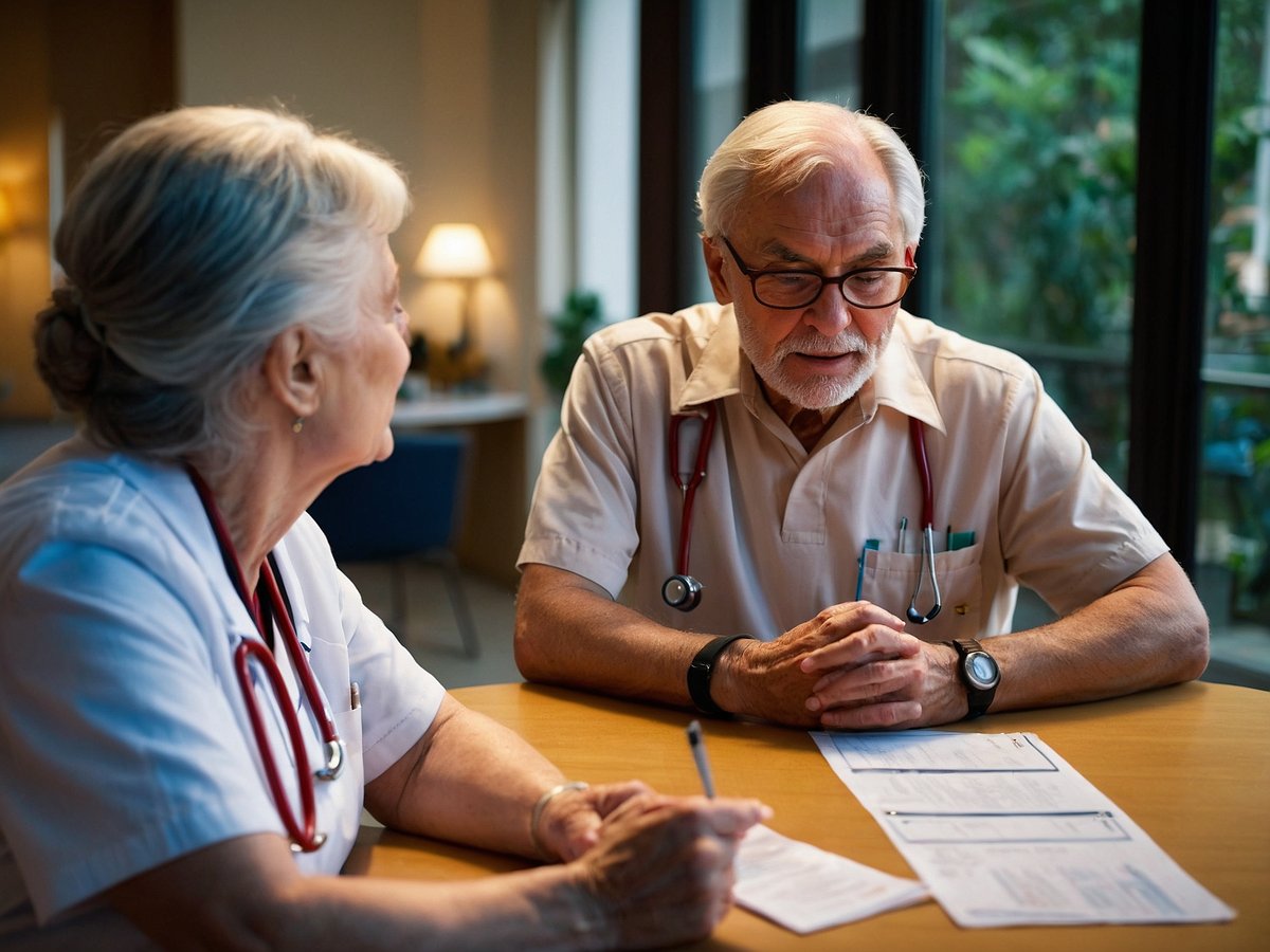 Zwei ältere Personen, ein Arzt und eine Ärztin, sitzen an einem Tisch und scheinen ein Gespräch zu führen. Beide tragen weiße Kittel und haben Stethoskope um den Hals. Der Arzt hat graue Haare, eine Brille und hält einen Stift in der Hand, während die Ärztin ihm aufmerksam zuhört. Auf dem Tisch liegen einige Dokumente, möglicherweise medizinische Unterlagen. Der Raum hat große Fenster mit viel natürlichem Licht, das eine freundliche Atmosphäre schafft. Diese Szene zeigt die Bedeutung der Früherkennung von Krankheiten, da die Beratung und Kommunikation zwischen Arzt und Patient entscheidend für das Wohlbefinden und die Gesundheit im Alter sind. Die Früherkennung kann helfen, gesundheitliche Probleme rechtzeitig zu identifizieren und zu behandeln, wodurch Risiken reduziert und die Lebensqualität verbessert werden kann. Gleichzeitig können jedoch auch Ängste und Überdiagnosen entstehen, die die Entscheidung zur Früherkennung kompliziert machen.
