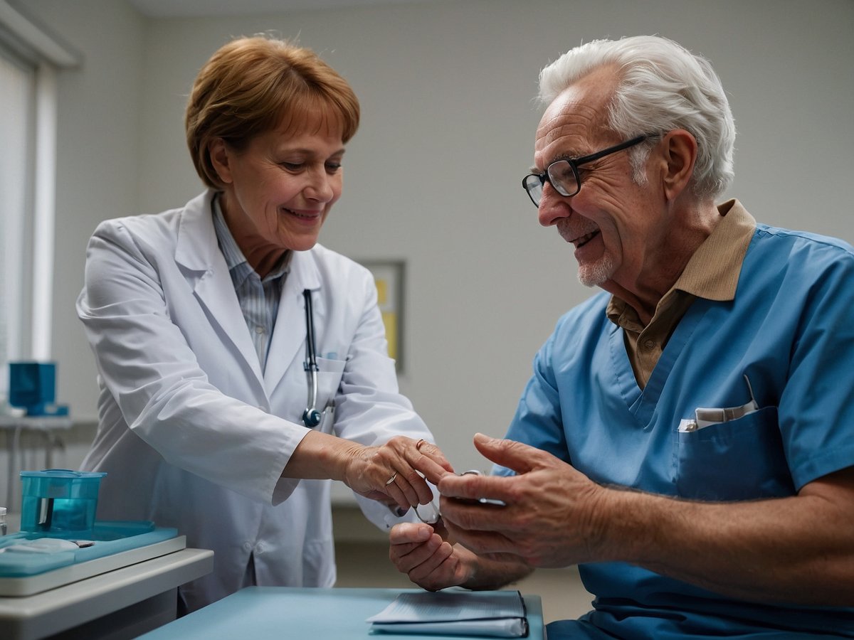 Eine Arztpraxis-Szene, in der eine freundliche Ärztin einem älteren Mann, der einen medizinischen Kittel trägt, in einer modernen Umgebung zuhört und ihm assistiert. Der Mann lächelt und schaut interessiert auf sein Handgelenk, während die Ärztin ihm aufmerksam dabei hilft. Es sind medizinische Utensilien auf dem Tisch zu sehen, und das Bild vermittelt einen Eindruck von Vertrauen und Zuwendung zwischen dem medizinischen Fachpersonal und dem Patienten.
