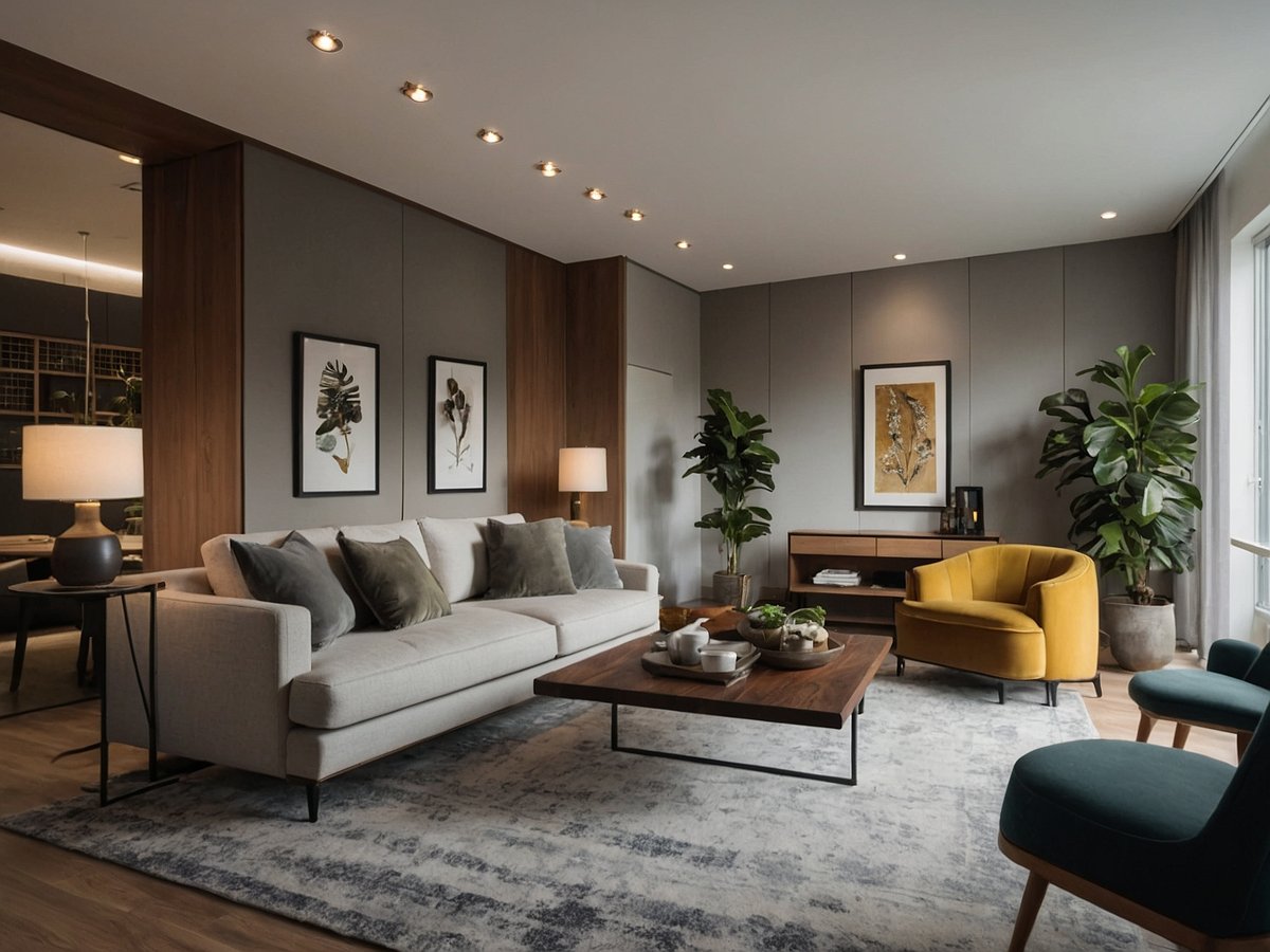 Im Bild ist ein modernes Wohnzimmer zu sehen, das eine einladende und gemütliche Atmosphäre ausstrahlt. Es gibt ein helles, beiges Sofa, das mit dekorativen Kissen ausgestattet ist. Vor dem Sofa steht ein rechteckiger Holztisch mit einer kleinen Blumenschale und Geschirr. Der Raum hat eine warme Beleuchtung, die durch eine Stehlampe und Deckenleuchten erzeugt wird. An den Wänden hängen Bilder mit botanischen Motiven. In einer Ecke stehen zwei große Pflanzen, die dem Raum Leben verleihen. Neben dem Sofa befindet sich ein gelbes Sessel, der einen gemütlichen Platz bietet. Der Boden ist mit einem weichen, strukturierten Teppich ausgelegt, der den Wohnbereich harmonisch ergänzt. Dieses Wohnzimmer ist ideal für entspannte Aufenthalte und gesellige Zusammenkünfte.