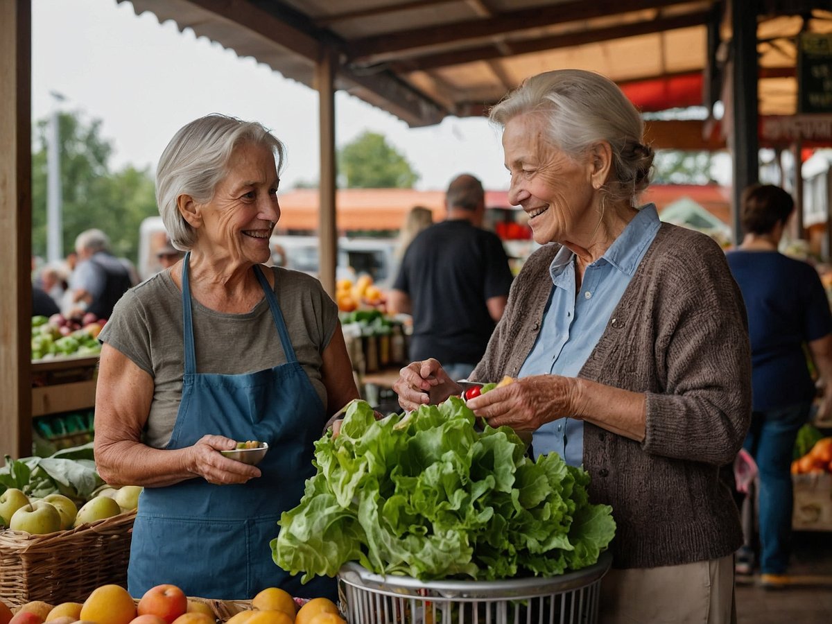 Zwei ältere Frauen stehen an einem Marktstand und unterhalten sich lächelnd. Vor ihnen liegt eine Auswahl frischer Lebensmittel wie Salat und Äpfel. Eine der Frauen trägt ein blaues Schürzenkleid und hält eine kleine Schüssel, während die andere eine rote Paprika in der Hand hält. Die Atmosphäre ist freundlich und lebhaft, was die Bedeutung von regionalen und saisonalen Lebensmitteln unterstreicht. Diese Szene zeigt, wie Nachhaltigkeit im Alltag integriert werden kann, indem man lokale Erzeugnisse kauft und frische Zutaten verwendet.