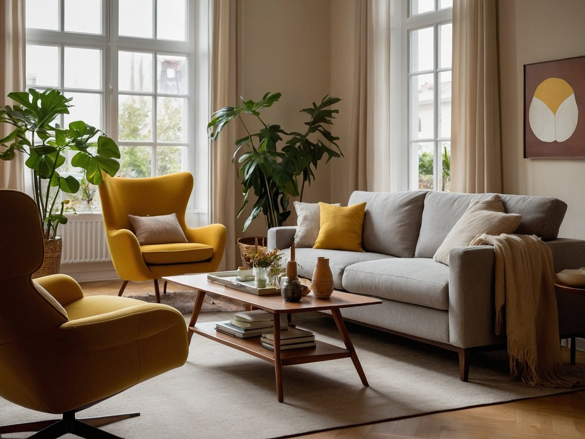 In einem hellen und einladenden Wohnzimmer sind ein graues Sofa mit verschiedenen Kissen und eine große gelbe Sessel zu sehen. Der Tisch aus Holz steht in der Mitte des Raumes und ist mit einer Vase sowie einem Tablett dekoriert. Umgeben von großen Fenster lässt viel Tageslicht in den Raum, während Pflanzen in den Ecken eine frische Atmosphäre schaffen. Die Wände sind in sanften Farben gehalten, und ein modernes Kunstwerk ziert eine der Wände, was zur gemütlichen und harmonischen Stimmung beiträgt. Die Einrichtung und Farbwahl fördern das Wohlbefinden und die Pflege des Wohnraums.