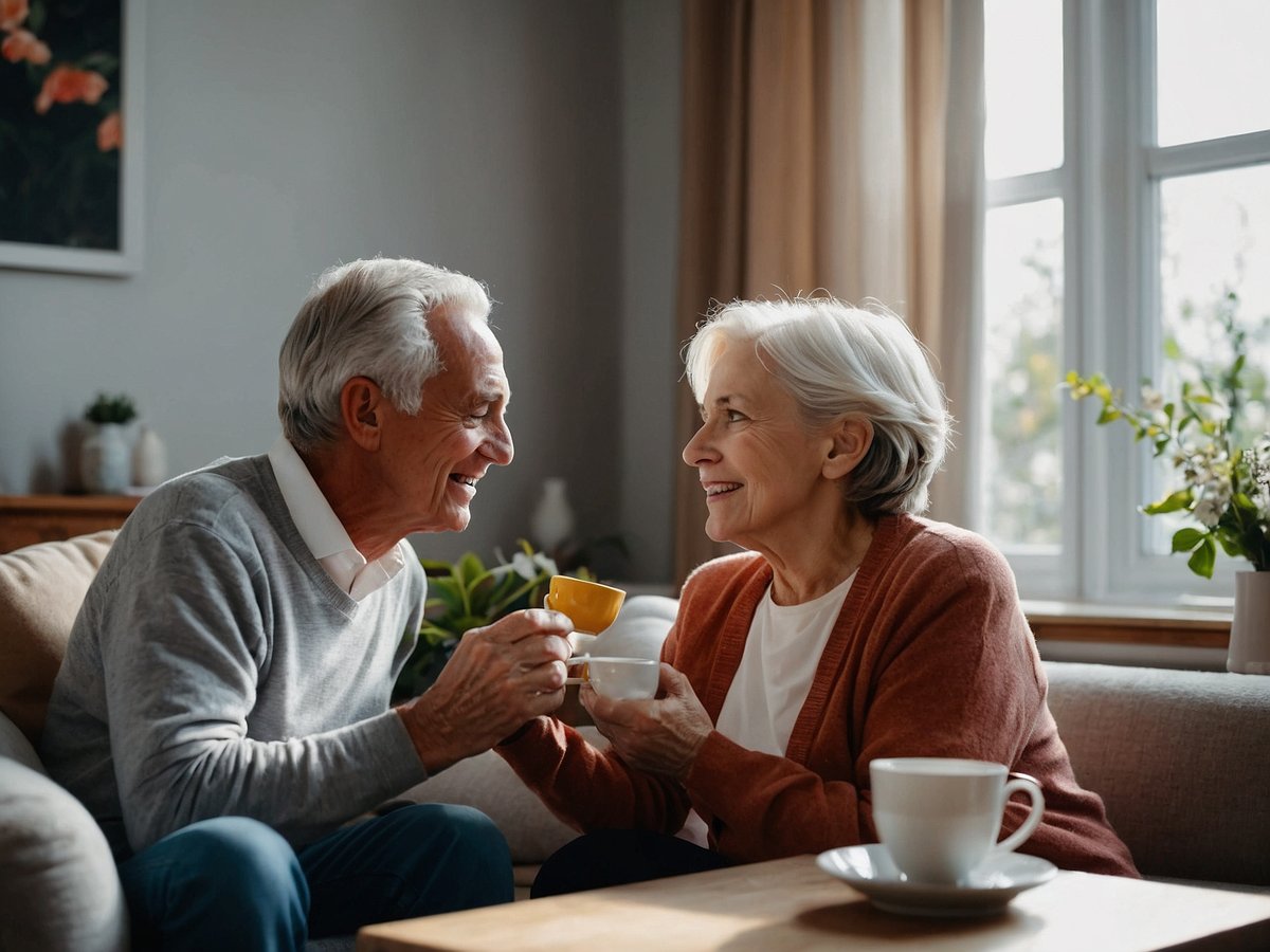 Ein älteres Paar sitzt gemütlich auf einem Sofa in einem hellen Raum und lächelt sich an während sie jeweils eine Tasse in der Hand halten. Der Mann hat graue Haare und trägt einen grauen Pullover über einem weißen Hemd, die Frau hat graue Haare und trägt eine rot-orangefarbene Strickjacke. Auf dem Tisch vor ihnen steht eine weitere Tasse und eine kleine Untertasse. Im Hintergrund sind Fenster mit leichtem Tageslicht und einige Pflanzen zu sehen, die dem Raum eine einladende Atmosphäre verleihen.