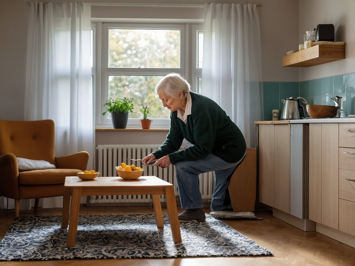 Eine ältere Frau beugt sich über einen Tisch in einem hellen Wohnraum und schneidet Zitrusfrüchte mit einem Messer in eine Schüssel. Sie trägt einen grünen Pullover und wirkt konzentriert. Im Hintergrund sind eine gemütliche Sitzecke mit einem orangefarbenen Sessel und eine helle Küche mit Holz- und weißen Akzenten sichtbar. Fenster lassen ausreichend Tageslicht herein und einige Pflanzen sorgen für eine angenehme Atmosphäre. Der Raum ist sorgfältig gepflegt und strahlt eine einladende, warmherzige Stimmung aus.