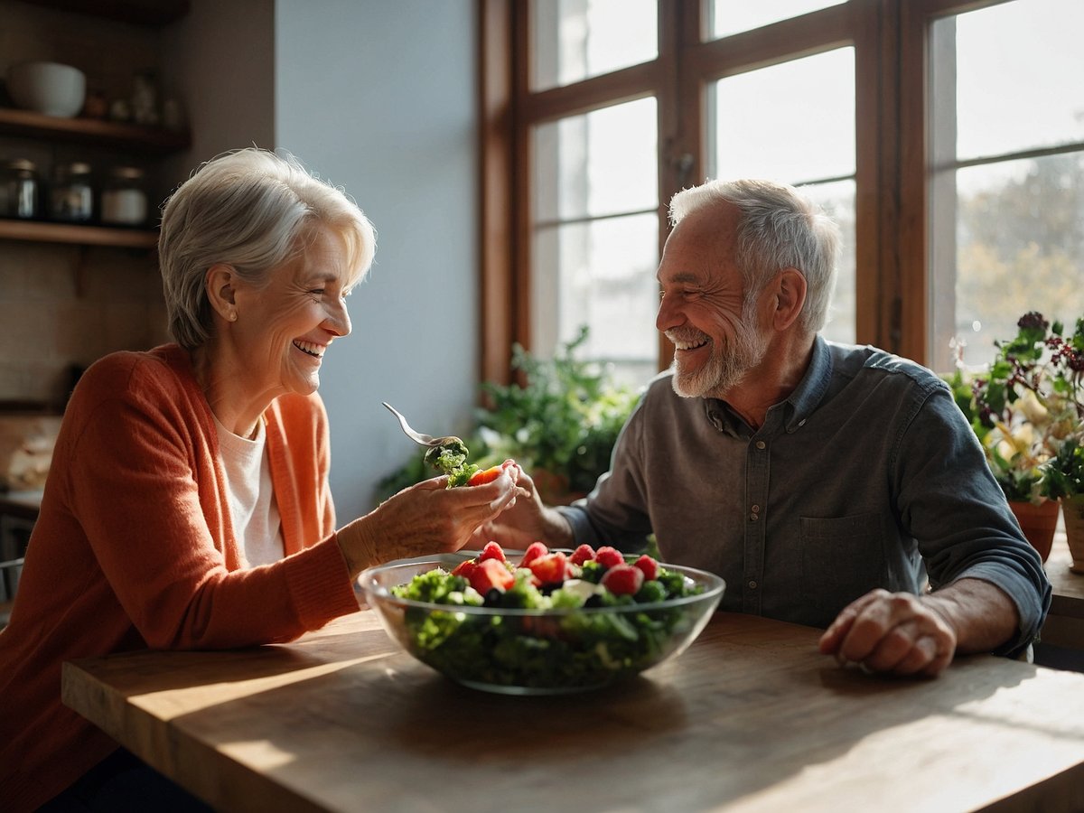 Ein älteres Paar sitzt zusammen an einem Holztisch in einer hellen und freundlichen Küche. Die Frau hat graue Haare und trägt einen orangefarbenen Cardigan, während der Mann leichte graue Haare hat und ein blaues Hemd trägt. Beide lächeln glücklich und scheinen Spaß zu haben, während sie eine große Schüssel mit frischem Salat und Beeren in der Mitte des Tisches haben. Die Umgebung ist mit Pflanzen dekoriert, die ein geselliges und gesundes Ambiente schaffen.