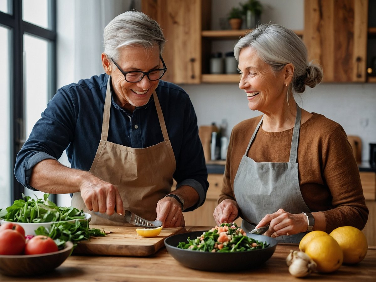 Auf dem Bild sind ein älterer Mann und eine ältere Frau in einer modernen Küche zu sehen. Beide tragen Schürzen und arbeiten gemeinsam an einem Tisch, während sie frische Zutaten für eine Mahlzeit zubereiten. Der Mann schneidet mit einem Messer eine Zitrone, während die Frau mit einem Löffel eine Schüssel Salat anrichtet. Rund um sie herum sind verschiedene frische Lebensmittel angeordnet, darunter grünes Blattgemüse, Tomaten, Zitrone und Knoblauch. Die Atmosphäre wirkt freundlich und einladend, während sie zusammen kochen und Spaß haben.