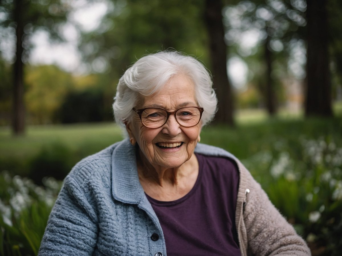 Eine ältere Dame mit grauem Haar und Brille sitzt im Freien und lächelt freundlich. Sie trägt einen hellen Cardigan über einem dunklen Oberteil. Im Hintergrund sind grüne Pflanzen und ein verschwommener Park zu sehen, der eine ruhige und einladende Atmosphäre schafft. Die Szene vermittelt Lebensfreude und aktive Lebensgestaltung im Alter.