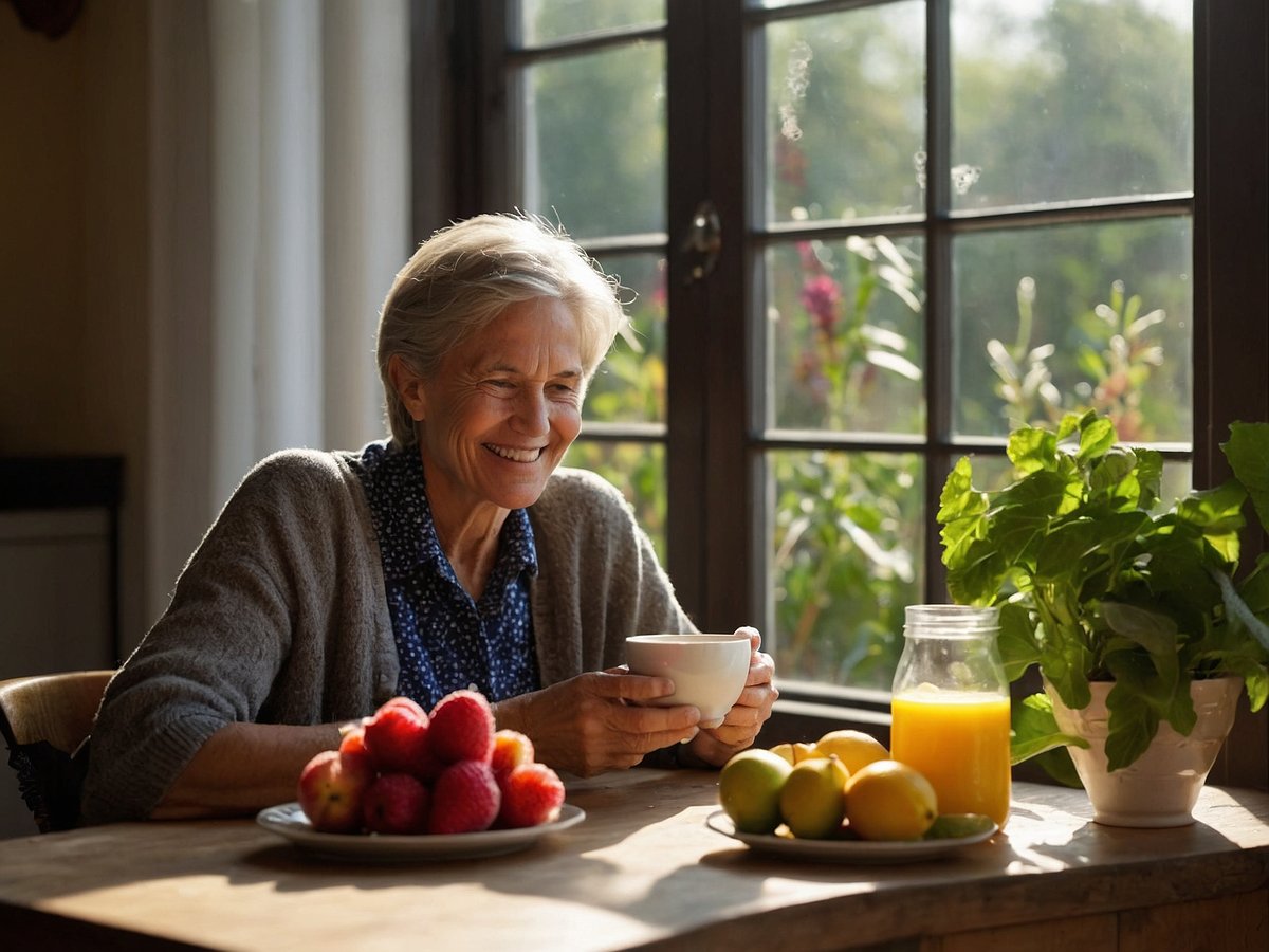 Eine lächelnde Frau sitzt an einem Tisch und hält eine Tasse in der Hand. Vor ihr auf dem Tisch liegt ein Teller mit frischen Äpfeln und Himbeeren. Zu ihrer rechten Seite steht ein Glas mit Orangensaft und eine Schüssel mit weiteren Früchten wie Limetten und Zitronen. Daneben ist ein kleiner Topf mit grünen Pflanzen. Im Hintergrund sind große Fenster, die Tageslicht hereinlassen und einen Blick auf einen blühenden Garten bieten. Die Szene vermittelt eine ruhige und entspannte Atmosphäre, ideal um Superfoods in die tägliche Ernährung zu integrieren.