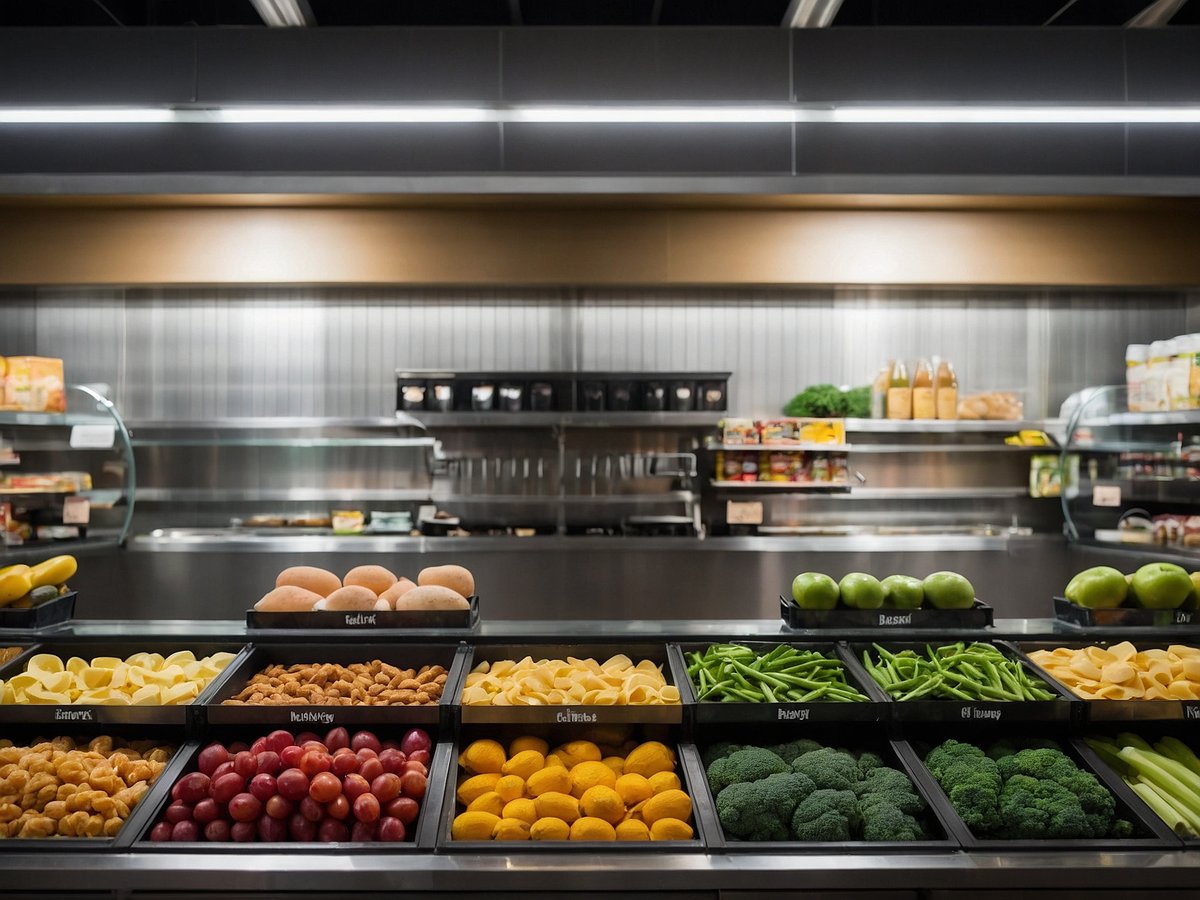 Das Bild zeigt einen gut gefüllten Obst- und Gemüsestand in einem hellen und modernen Lebensmittelladen. Mehrere Kisten mit frischem Obst und Gemüse sind ordentlich angeordnet. In den Boxen befinden sich verschiedene Sorten, darunter Äpfel, Birnen, Brokkoli, grüne Bohnen, Zitrusfrüchte und andere Obstsorten. Im Hintergrund sind Regale mit verpackten Lebensmitteln und Getränken sichtbar, die auf eine breite Auswahl hinweisen. Die gesamte Szene strahlt eine einladende und gesunde Atmosphäre aus.