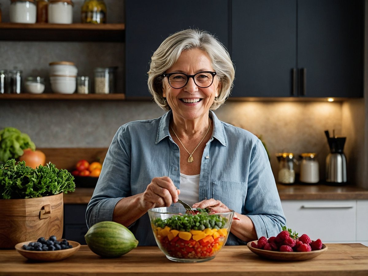 Eine ältere Frau mit grauen Haaren und Brille lächelt fröhlich, während sie in einer modernen Küchenumgebung einen großen Glasbehälter mit einer bunten Mischung aus frischem Gemüse und Obst umrührt. Auf dem Tisch befinden sich verschiedene Schalen mit Blaubeeren, Himbeeren und einer Wassermelone, sowie eine Schüssel mit frischem Blattgrün. Im Hintergrund sind Holzregale mit Gläsern und eine Kaffeekanne zu sehen. Die Atmosphäre ist einladend und gesundheitsbewusst, ideal für die ältere Generation, die sich für Superfoods interessiert.