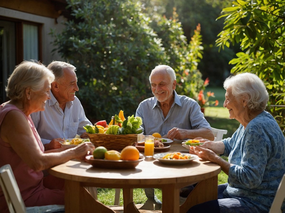 Eine Gruppe von vier älteren Menschen sitzt an einem Holztisch im Freien und genießt eine gemeinsame Mahlzeit. Auf dem Tisch sind verschiedene gesunde Lebensmittel wie frisches Obst und Gemüse angerichtet, die eine wichtige Rolle für die Stärkung des Immunsystems spielen. Die Atmosphäre ist freundlich und entspannt, während die Männer und Frauen miteinander lachen und sich unterhalten. Die gesamte Szene strahlt eine positive Verbindung zwischen gesunder Ernährung und sozialen Interaktionen aus, die für das Wohlbefinden und die Gesundheit wichtig sind.