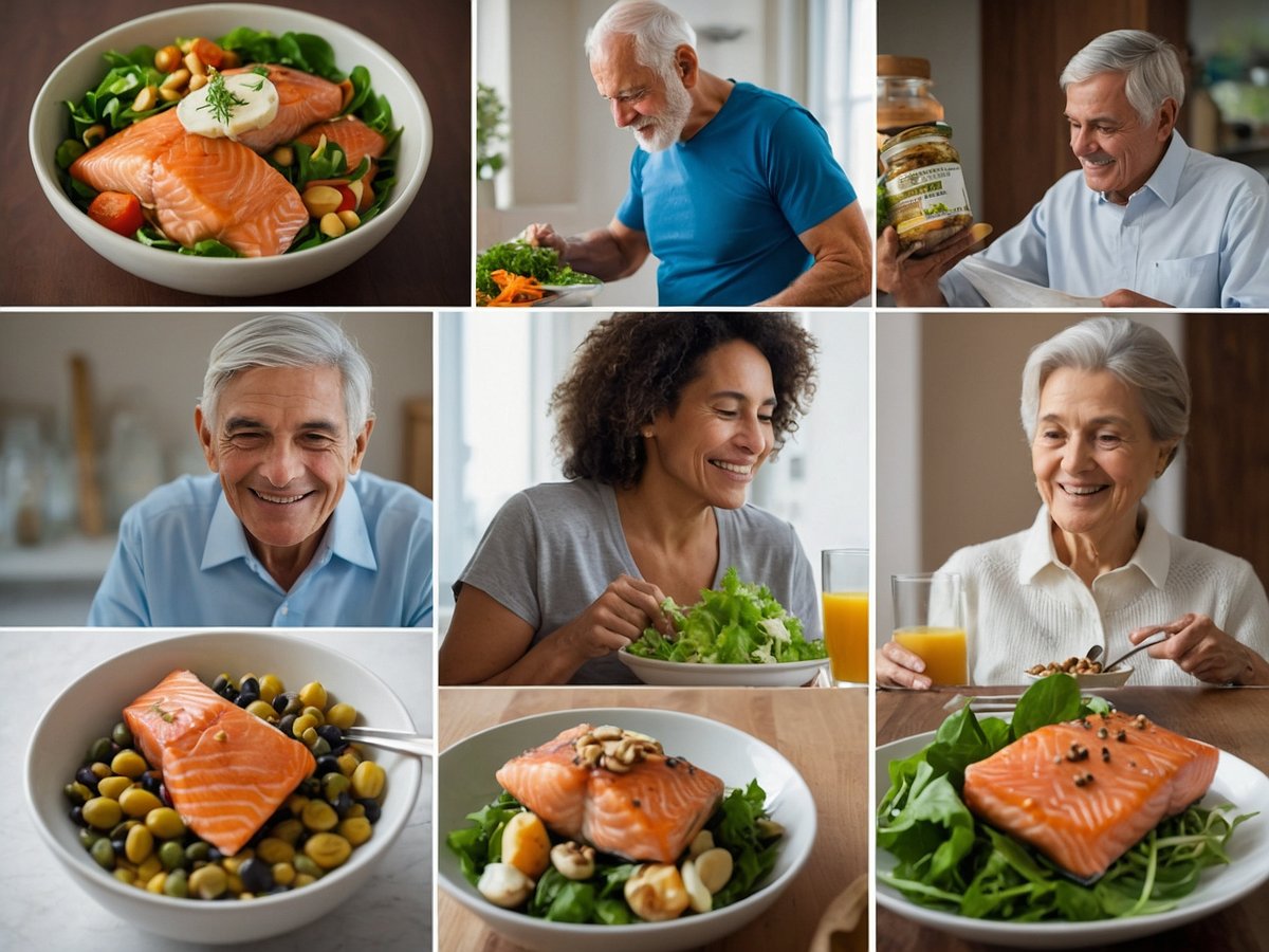 Das Bild zeigt eine bunte Auswahl an gesunden Mahlzeiten und glücklichen älteren Menschen beim Essen. In der oberen Reihe sind eine Schüssel mit Lachs und Salat, ein älterer Mann, der frische Zutaten betrachtet, und ein weiterer Mann, der ein Glas mit eingelegtem Gemüse studiert, zu sehen. In der unteren Reihe lächelt ein älterer Mann in die Kamera, während eine Frau mit lockigem Haar einen Salat genießt. Eine ältere Frau lächelt glücklich beim Trinken eines Getränks, während auf dem Tisch eine Schüssel mit Lachs und Nüssen steht. Diese Darstellungen verdeutlichen die Bedeutung einer ausgewogenen Ernährung mit essenziellen Nährstoffen wie Omega-3-Fettsäuren, Vitaminen und Mineralstoffen, die besonders für ältere Menschen wichtig sind.