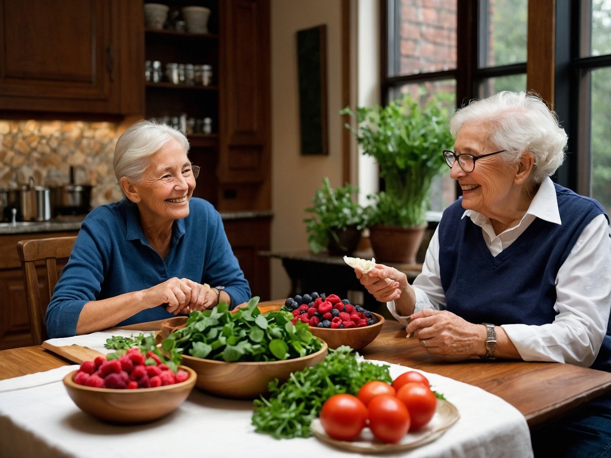 Zwei ältere Frauen sitzen an einem Holztisch in einer warmen und gemütlichen Küche. Vor ihnen liegen Schalen mit frischen Lebensmitteln wie Spinat, Rucola, Himbeeren, Erdbeeren und Tomaten. Die Frauen lachen und scheinen eine angenehme Zeit miteinander zu verbringen. Im Hintergrund sind einige Küchenutensilien sichtbar, sowie Pflanzen, die ein einladendes Ambiente schaffen. Diese Szene vermittelt Freude und Gesundheit durch den Verzehr von nährstoffreichen Lebensmitteln, die das Immunsystem stärken.