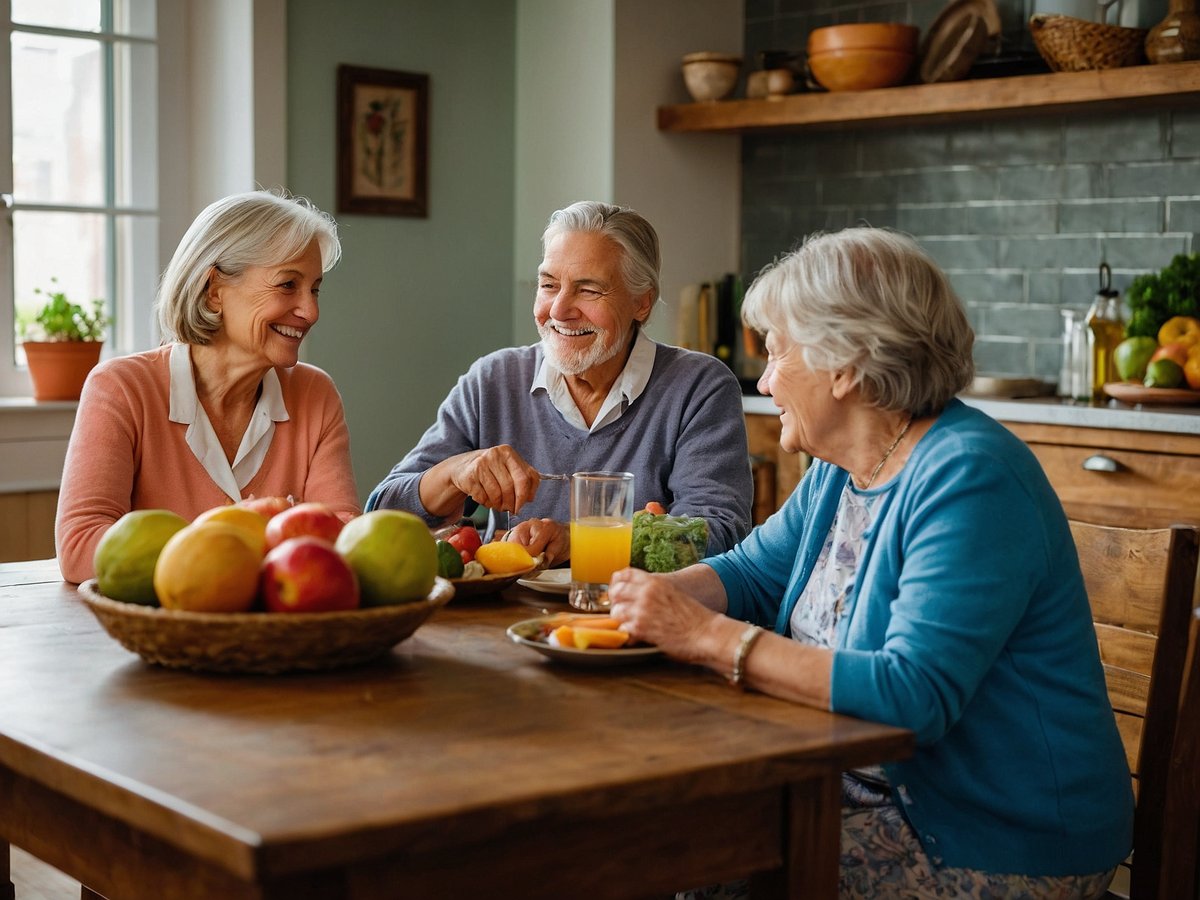 Eine Gruppe von älteren Menschen sitzt gemeinsam an einem Holztisch in einer hellen Küche und genießt eine Mahlzeit. Auf dem Tisch sind frisches Obst wie Äpfel und Pfirsiche sowie ein Glas Orangensaft zu sehen. Die Atmosphäre ist freundlich und entspannt, wobei die Anwesenden lächeln und miteinander plaudern. Die Umgebung ist gemütlich mit pflanzlichen Elementen und einem Holzregal im Hintergrund, das weitere Küchenutensilien zeigt.