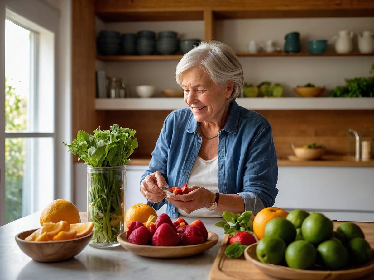 Eine ältere Frau steht in einer hellen Küche und bereitet frisches Obst und Gemüse vor. Sie hält eine Schüssel mit roten Erdbeeren und lächelt dabei. Vor ihr auf der Arbeitsplatte sind verschiedene Früchte wie Orangenscheiben, Limetten und grüne Äpfel in Schalen angeordnet. In einem Glas neben ihr sind frische Kräuter und grünes Blattgemüse zu sehen. Die Umgebung strahlt eine freundliche und einladende Atmosphäre aus, die das Zubereiten einer gesunden Mahlzeit fördert. Es wird eine Vorliebe für eine ausgewogene Ernährung und frische Zutaten vermittelt, die wichtig für das Wohlbefinden im Alter sind.