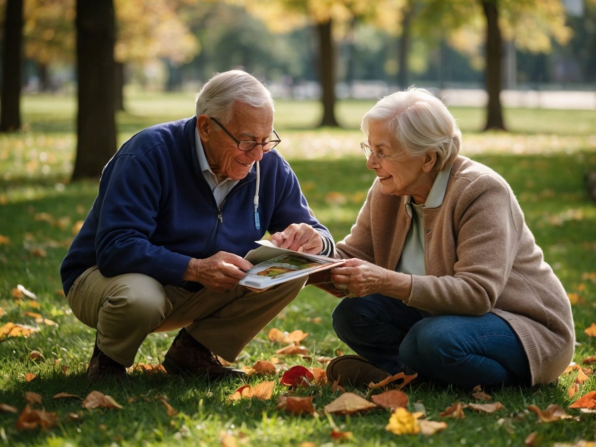 Ein älteres Paar sitzt auf dem Boden eines Parks umgeben von buntem Herbstlaub und betrachtet gemeinsam ein Buch. Der Mann, mit Brille und grauen Haaren, trägt einen blauen Pullover und lächelt freundlich, während die Frau, mit kurzem, hellen Haar und ebenfalls mit Brille, in einem beigen Oberteil gekleidet ist und ebenfalls lächelt. Ihre Körperhaltung ist entspannt und sie scheinen die gemeinsame Zeit zu genießen, was auf soziale Interaktion und Lebensfreude im Alter hinweist. Die stabile Umgebung und die aktive Beschäftigung sind wesentliche Elemente für das Wohlbefinden im höheren Lebensalter.