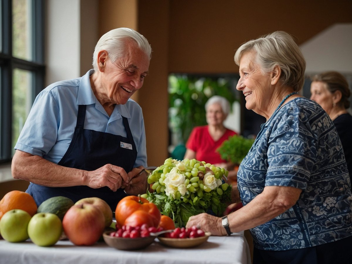 Zwei ältere Menschen stehen am Tisch und lächeln sich an während sie mit frischem Obst und Gemüse arbeiten. Der Mann mit grauen Haaren trägt ein hellblaues Hemd und eine dunkle Schürze und schneidet Zutaten, während die Frau mit kurzen grauen Haaren ein blaues Oberteil trägt und eine Blume in der Hand hält. Im Hintergrund sind weitere ältere Frauen zu sehen, die ebenfalls mit Pflanzen und Kräutern beschäftigt sind. Die Szene vermittelt eine positive Atmosphäre, die auf die Bedeutung von gesunder Ernährung für die Herzgesundheit hinweist.