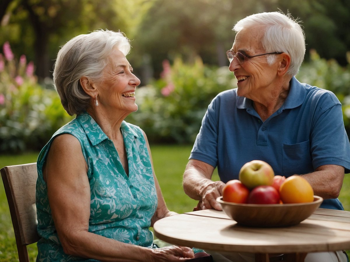 Ein älteres Paar sitzt fröhlich an einem Tisch im Freien umgeben von einer blühenden Gartenlandschaft. Die Frau trägt ein blaues, gemustertes Shirt und hat graue Haare, während der Mann ein blaues Polo-Shirt und Brille trägt. Beide lächeln und lachen miteinander und scheinen eine herzliche Unterhaltung zu führen. Auf dem Tisch steht eine Schüssel mit frischen Äpfeln und einer Orange, was ein Gefühl von Gesundheit und Wohlbefinden vermittelt. Die gesamte Szene strahlt Freude und Lebensenergie aus.