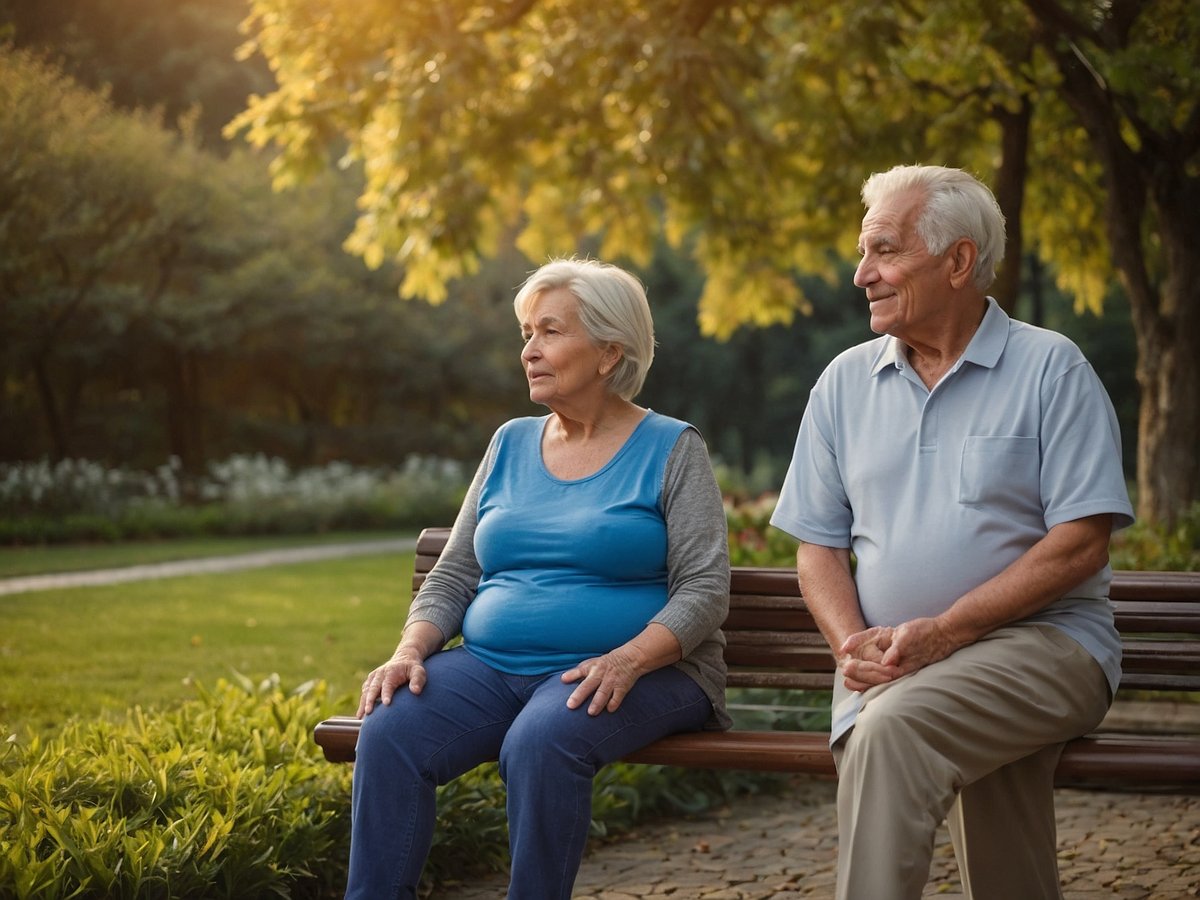 Ein älteres Paar sitzt auf einer Parkbank in einer grünen Umgebung. Die Frau trägt ein hellblaues Oberteil und sitzt mit einer nachdenklichen Miene, während der Mann neben ihr in einem grauen Polohemd freundlich lächelt. Beide weisen einen sichtbaren Bauchumfang auf, was auf Übergewicht hindeuten kann, ein Risikofaktor für Herz-Kreislauf-Erkrankungen im Alter. Die entspannte Atmosphäre des Parks könnte für regelmäßige Spaziergänge und körperliche Aktivität förderlich sein, was wichtig für die Herzgesundheit ist.