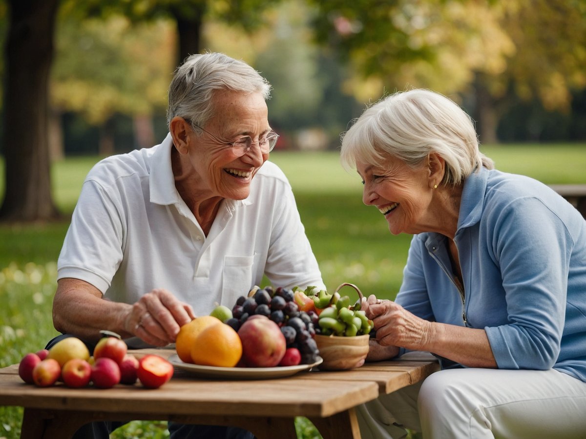 Auf dem Bild sind zwei ältere Personen zu sehen, die an einem Tisch im Freien sitzen. Sie lachen und haben eine freundliche Unterhaltung. Vor ihnen liegt eine Auswahl an frischem Obst, darunter Äpfel, Birnen und Trauben. Es ist ein sonniger Tag, und im Hintergrund sind Bäume zu sehen, die die Ruhige Atmosphäre des Moments unterstreichen. Die Personen tragen legere Kleidung und wirken entspannt und glücklich.