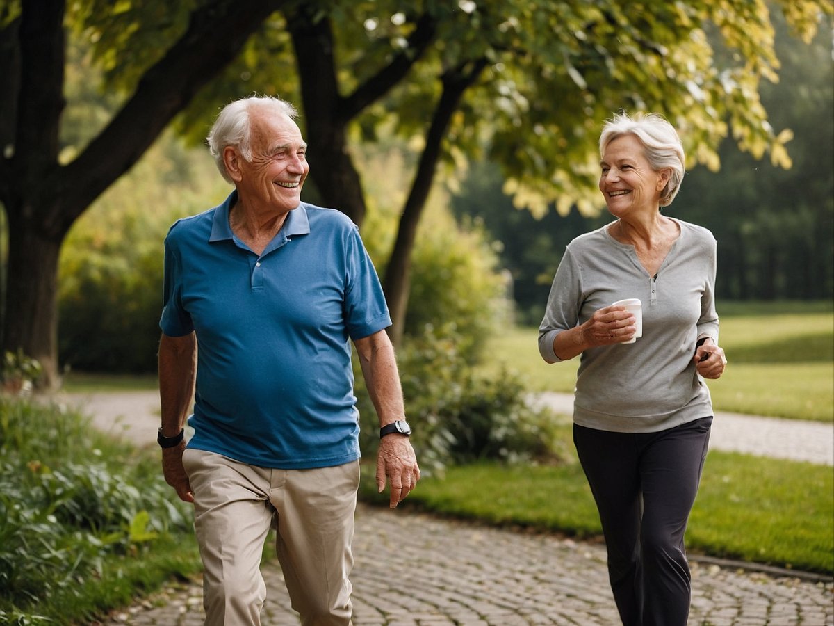 Ein älteres Paar geht lächelnd einen Weg entlang und genießt die frische Luft in einem parkähnlichen Umfeld. Der Mann trägt ein blaues Poloshirt und hellbeige Hosen, während die Frau ein graues Oberteil und schwarze Hosen anhat und einen Becher in der Hand hält. Die Szenerie vermittelt ein Gefühl von aktiver Lebensweise, das sowohl die kognitive Fitness als auch die Herzgesundheit fördert.