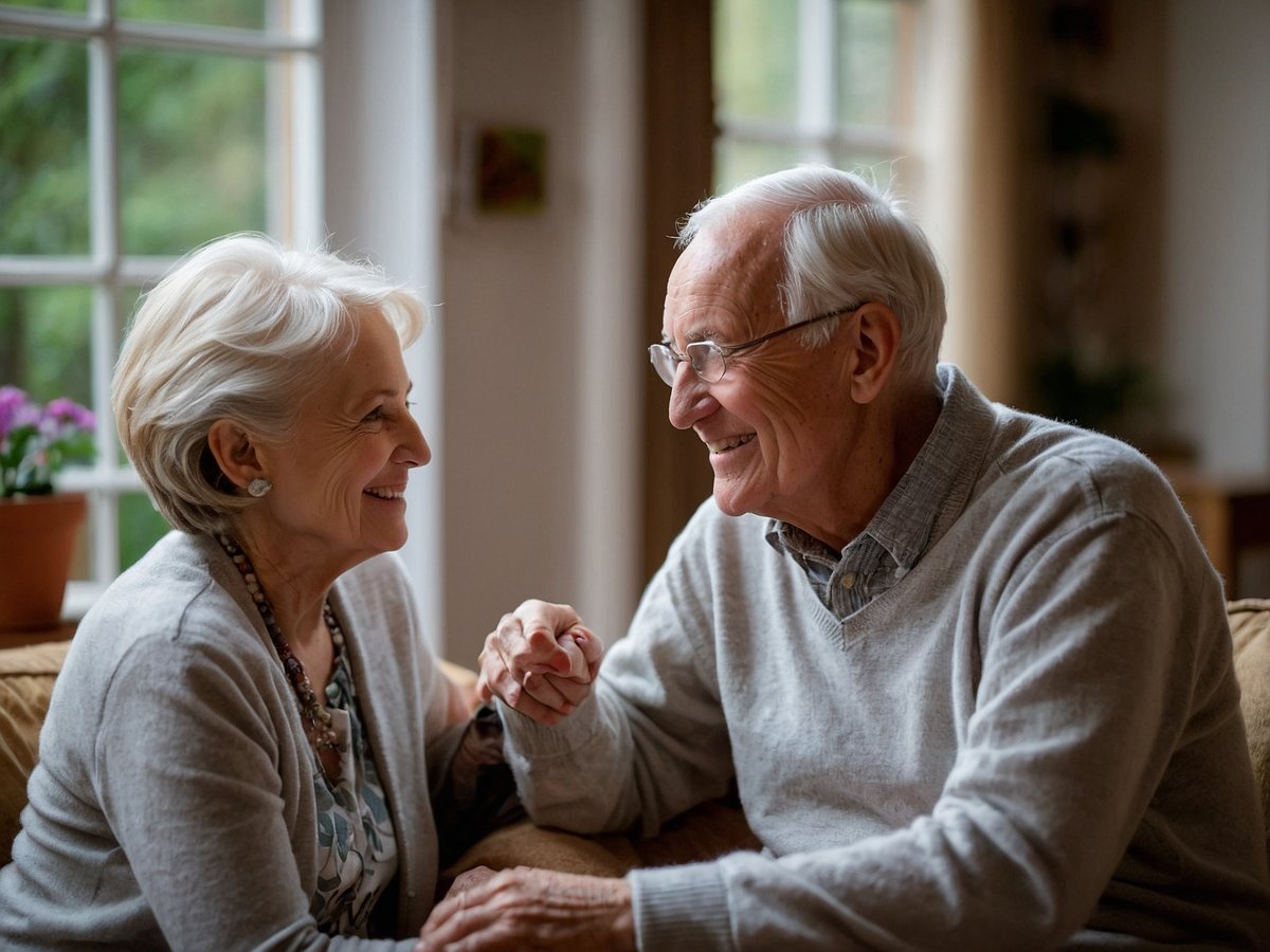 Ein älteres Paar sitzt auf einer Couch und lächelt sich liebevoll an während sie sich an den Händen halten. Der Raum hat große Fenster, durch die Tageslicht strömt, und im Hintergrund steht ein Topf mit Blumen. Die freundliche Atmosphäre und die Nähe der beiden Menschen vermitteln ein Gefühl von Wärme und Geborgenheit. Solche Interaktionen sind wichtig für Senioren, da sie das emotionale Wohlbefinden fördern und sozialen Kontakt unterstützen, was besonders wichtig im Zusammenhang mit Demenz ist. Die Verbundenheit zwischen älteren Menschen kann helfen, Gedächtnis und kognitive Fähigkeiten zu stimulieren.