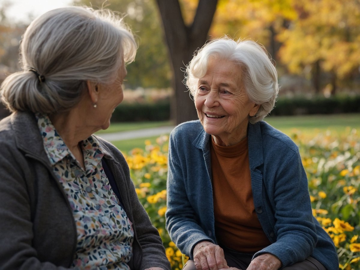 Zwei ältere Frauen sitzen im Park auf einer Bank umgeben von bunten Blumen. Sie lächeln sich an und wirken in einem angenehmen Gespräch vertieft. Die Umgebung zeigt bunte Herbstblätter und einen ruhigen, freundlichen Park. Diese Interaktion symbolisiert den Wert von Selbsthilfegruppen, die Unterstützung und Gemeinschaft fördern.